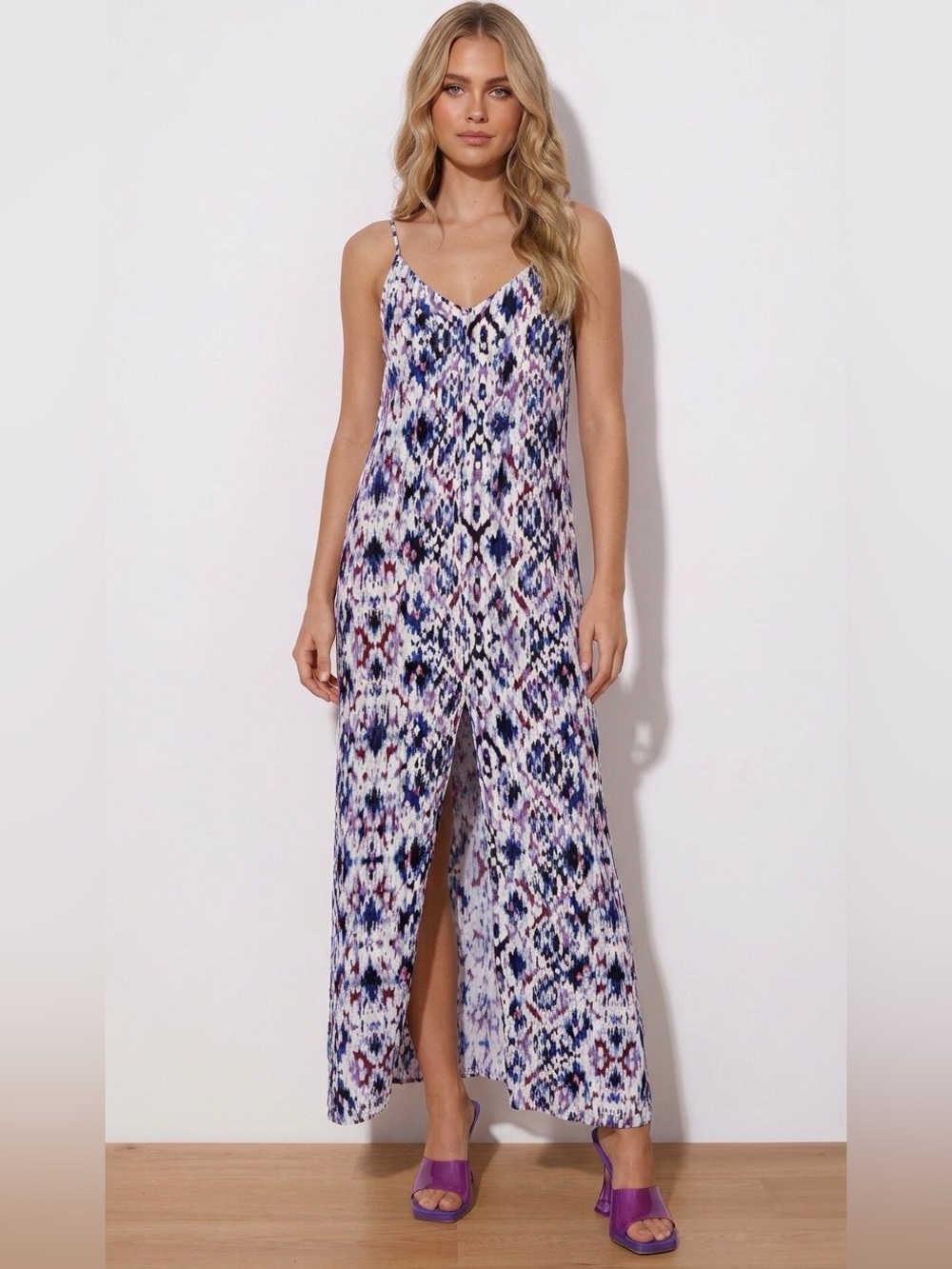 Lavender Brown Sleeveless Purple Red & White Ikat Maxi Dress with Back Tie Large